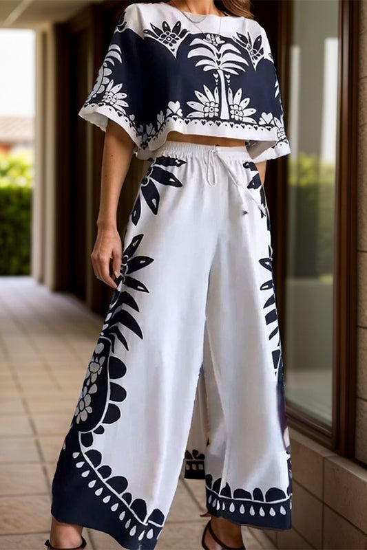 Printed Half Sleeve Top and Wide Leg Pants Set