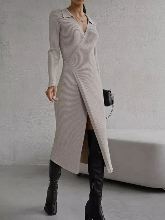 Tied Collared Neck Long Sleeve Sweater Dress