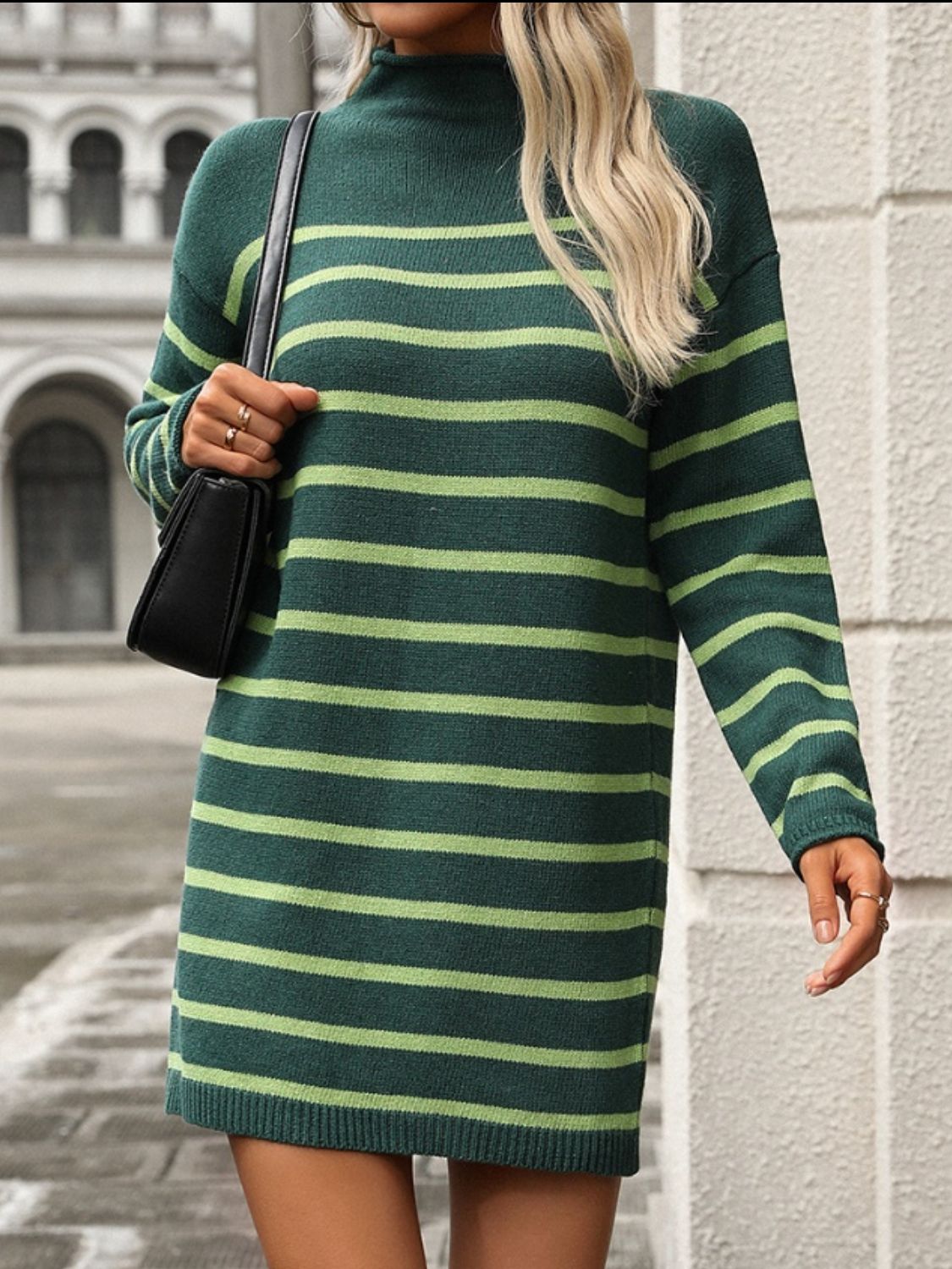 Striped Mock Neck Long Sleeve Mini Dress