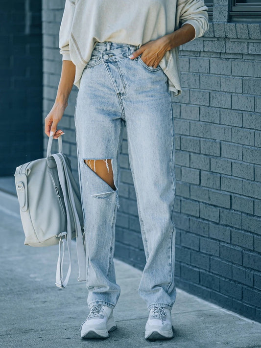 Distressed Asymmetric Waist Jeans