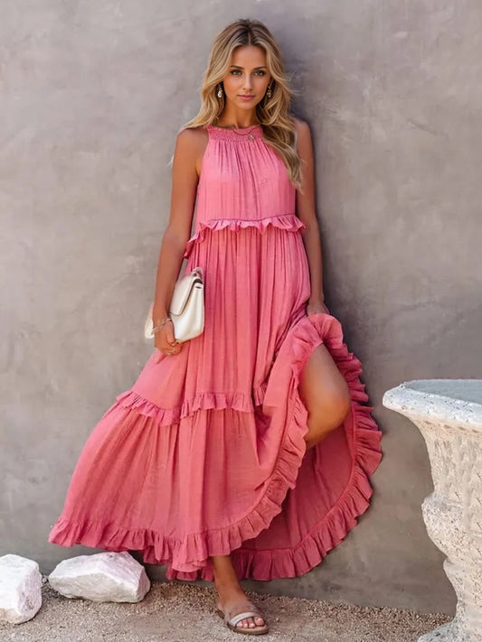 Ruffled Sleeveless Tiered Maxi Dress with Pockets