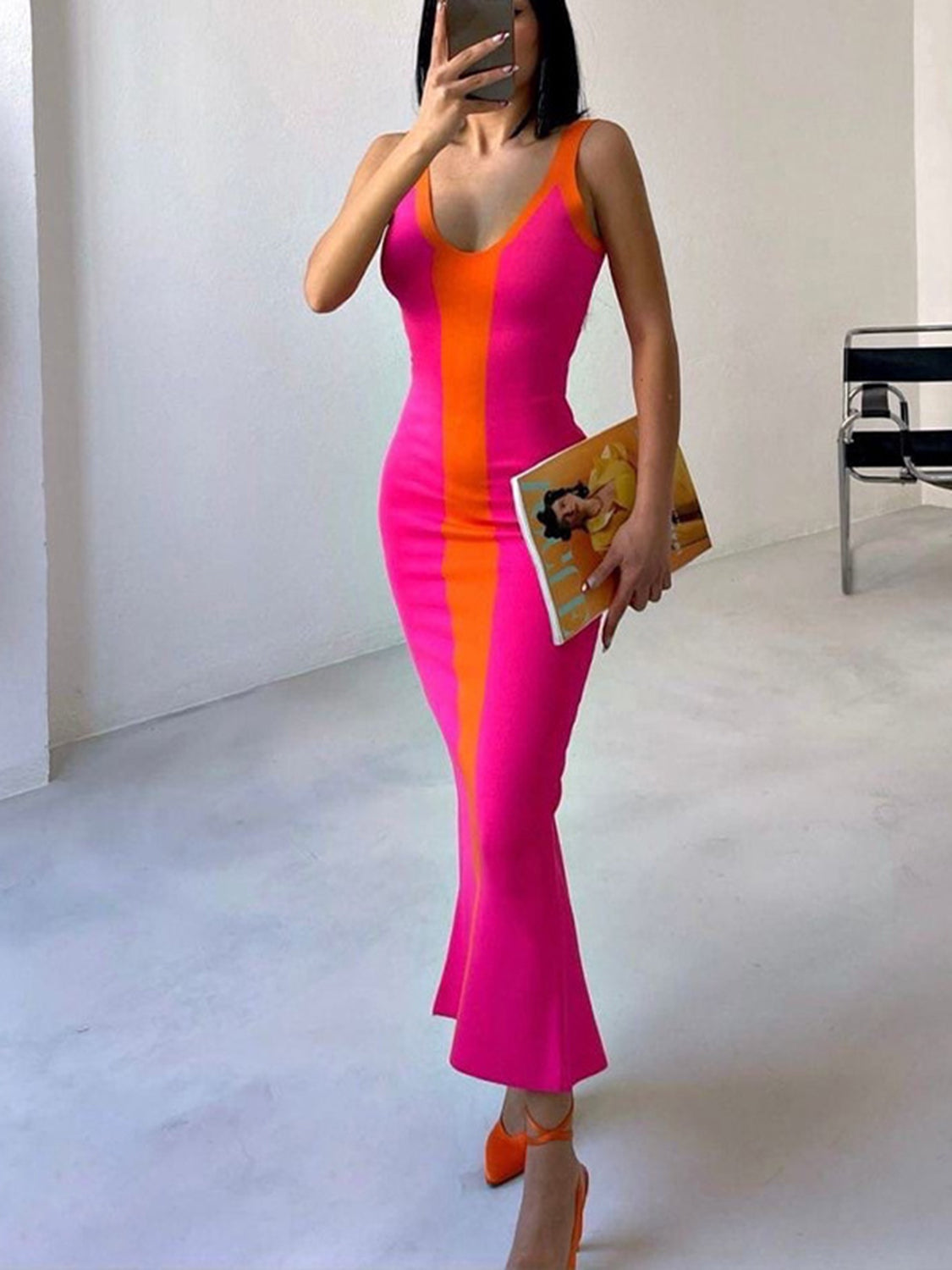 Contrast Wide Strap Slit Midi Dress