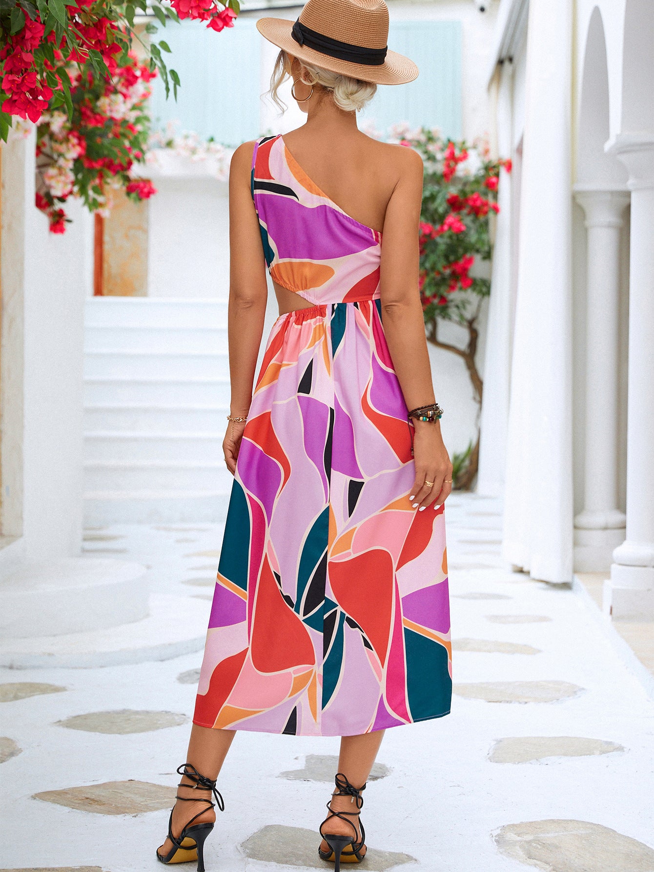 Printed Cutout One-Shoulder Sleeveless Dress