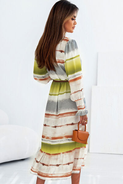 Striped Half Button Smocked Long Sleeve Ruffle Hem Dress