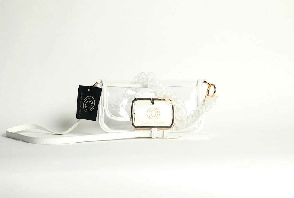 White and gold clear plastic purse