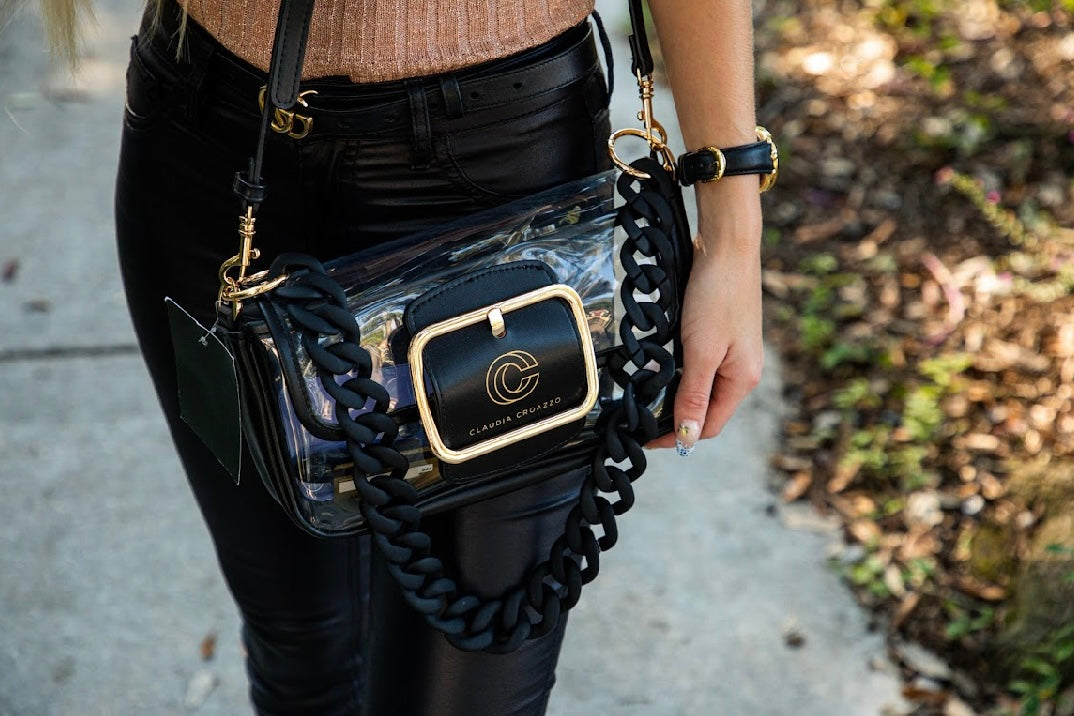 Black and gold cross body clear purse